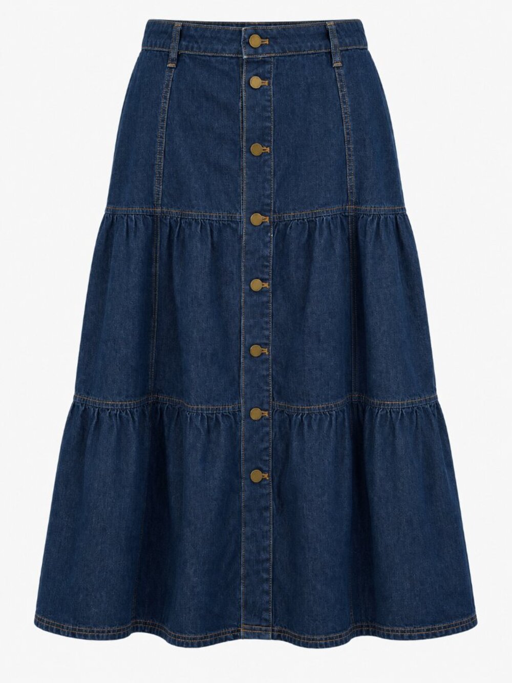 Ann Taylor Dark Wash Denim Tiered Prairie Midi Boho Skirt Button Front Size 12